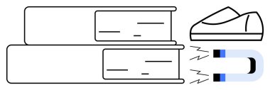Ayak mıknatısı tekmeler kitapları çeker, dinamik bilgi edinmeyi ve manyetik öğrenmeyi sembolize eder. Eğitim kavramları, bilim iletişimi, öğretim kaynakları, yaratıcılık teşviki için ideal