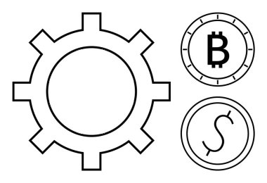 Bitcoin ve dolar sembollerinin yanında mekanik teçhizat Fintech yenilik, engelleme zinciri ve döviz değişim dinamikleri üzerine odaklanıyor. Finans, teknoloji, ekonomi, ticaret, kripto para birimi için ideal