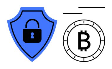 Kilitli bir kalkan ve siber güvenliği vurgulayan Bitcoin sembolü. Dijital güvenlik, engelleme zinciri, kripto para birimi, finans, fintech, veri koruması, teknoloji kullanımı temaları için ideal. Satır metaforu