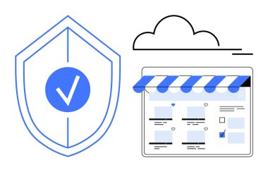 Shield with checkmark, cloud, and storefront web page. Ideal for cybersecurity, data protection, online shopping security, trust, web authentication cloud storage privacy assurance. Abstract line clipart