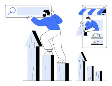 Arama çubuğu, cep telefonu, online mağaza, alışveriş çantası ve dizüstü bilgisayarı olan bir kişi. E-ticaret, SEO, mobil alışveriş, pazar büyümesi, çevrimiçi satış dijital pazarlama için ideal