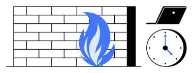 Mavi alevli tuğla duvar, açık dizüstü bilgisayar, saat. Güvenlik, siber güvenlik, koruma, veri güvenliği, zaman yönetimi tehdidi dijital güvenlik için idealdir. Modern temiz elementler iletiliyor