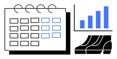 Office calendar beside a bar graph and a pair of formal shoes symbolizes planning, scheduling, and productivity. Ideal for business strategies, time management, professional development, office clipart