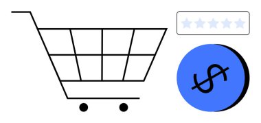 Siyah beyaz çizgileri olan alışveriş arabası dolar işaretli mavi daire ve beyaz dikdörtgen şeklinde 5 yıldız. E-ticaret, çevrimiçi alışveriş, tüketici geribildirimi, fiyatlandırma, alışveriş deneyimi için ideal
