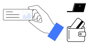 Kimlik kartı, dizüstü bilgisayar ve kartlı cüzdan. Ticari kimlik tespiti, kişisel kimlik tespiti, teknoloji, güvenlik, online işlem, e-ticaret profesyonel ayarları için idealdir. Çizgi