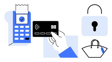 Okuyucunun yanında el ele tutuşma kartı, güvenli kilit, el çantası. Dijital işlemler, e-ticaret, güvenlik, fintech, perakende veri koruması için ideal. Soyut satır düzlüğü