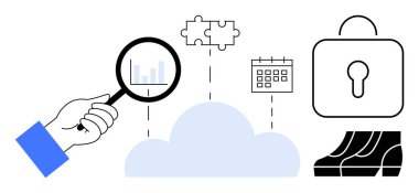 Çubuk grafiğe, bulmacaya, takvime, kilide ve grafiğe bağlı bir bulutun üzerinde büyüteç tutuyor. Veri analizi, bulut hesaplama, güvenlik, sorun çözme takım çalışması için ideal