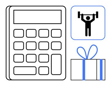 Hediye kutusu ve halter figürlü hesap makinesi. Bütçeleme, zindelik motivasyonu, finansal planlama, ödül programları, hediye fikirleri, sağlık bütçesi ve hedef belirleme için ideal. Satır metaforu