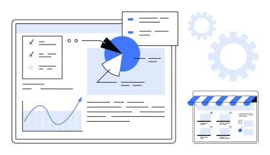 Çizelgeleri, pasta grafiğini, veri analizini ve çevrimiçi depolama arayüzünü gösteren bilgisayar ekranı. Ticari analizler, e-ticaret stratejileri, dijital araçlar, pazar analizleri, veriye dayalı kararlar için ideal