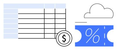 Veri satırları, dolar sembolü, mavi yüzdelik kupon ve soyut bulut içeren hesap tablosu. Finans, bütçe, analiz, tasarruf indirimi, bulut hesaplama veri yönetimi için ideal. Soyut satır düzlüğü