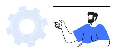 Sakallı ve mavi gömlekli bir adam vites göstererek rehberlik, teknik çözümler, işbirliği ve hedeflere ulaşmayı gösteriyor. İş için ideal, takım çalışması, yenilik, yön liderliği