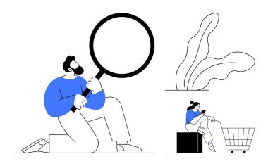 Büyük büyüteçle diz çökmüş bir adam, el arabasıyla oturan bir kadın ve soyut yaprak çizimi. Araştırma, alışveriş, keşif, analiz, arama, keşif pazarlama temaları için ideal