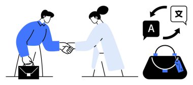 İş adamları el sıkışıyor, evrak çantası ve el çantası, çeviri simgeleri. İş, ortaklık, ticaret, uluslararası iletişim, müzakere, anlaşma işbirliği için ideal