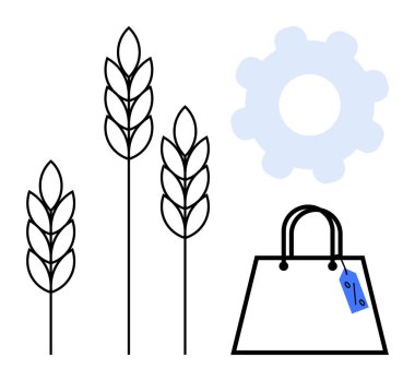 Üç buğday sapı, bir mavi dişli ve indirim etiketli bir alışveriş çantası tarımı, sanayiyi, ticareti, satışları, indirimleri, sürdürülebilirliği ve verimliliği temsil ediyor. Ekonomi ticareti için ideal