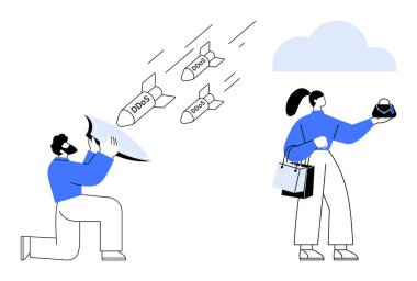 Adam yaklaşan DDoS saldırılarını engellemek için kalkan kullanıyor, kadın veri depolama cihazı tutuyor. Siber güvenlik, veri koruması, İnternet güvenliği, tehdit önleme, bilişim altyapısı, dijital güvenlik için ideal