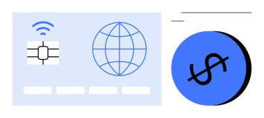 Kablosuz sinyalli dijital çip kartı, küre ve mavi işaretli bir dolar. Dijital ödeme kavramları, çevrimiçi işlemler, küresel ekonomi, bankacılık güvenliği, e-ticaret, finans