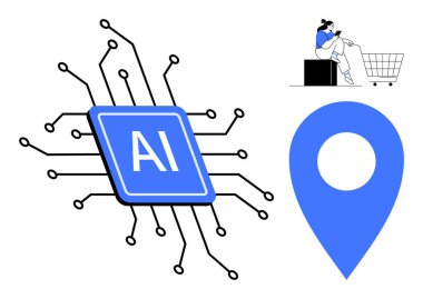 Devreli yapay zeka çipi, alışveriş arabasındaki insan, büyük mavi yer işareti. Teknoloji, ekommerce, navigasyon, yenilik, dijital dönüşüm, yapay zeka tüketicisi için ideal