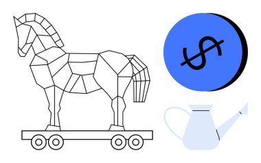 Geometrik Truva atı tekerlekli, dolar işareti olan mavi sikke ve beyaz sulama kutusu. Güvenlik, yatırım, büyüme, yetiştirme, strateji yeniliği finans kavramları için idealdir. Soyut satır düzlüğü