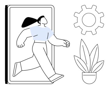 Kadın karakter büyük bir akıllı telefondan ya da tabletten çıkıyor, yanında teçhizat ve saksı bitkisi var. Yenilik temaları, dijital dönüşüm, sınırların aşılması, gelecekteki teknoloji için ideal