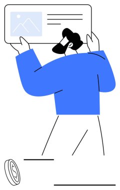 İnsan, resimler ve metin de dahil olmak üzere multimedya içerikli büyük bir dijital ekran tutuyor. Yaratıcılık, iletişim, teknoloji, pazarlama, medya, eğitim ve yenilik kavramları için ideal