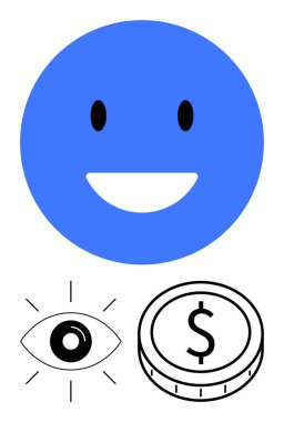 Pozitifliği sembolize eden mavi mutlu yüz, odak ya da görüşü temsil eden ışınları temsil eden göz ve zenginliği ya da değeri temsil eden dolar işaretli para. Mutluluk, vizyon, finans, iyimserlik, başarı, fikirler için ideal