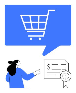 Kadın, resmi bir sertifikanın üzerinde bir dolar işareti ve saat mührü olan bir konuşma balonundaki büyük mavi alışveriş arabası ikonunu işaret ediyor. E-ticaret, sertifika, online alışveriş ve finans için ideal