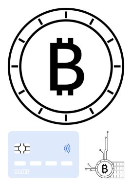 Dairesel çerçevede Bitcoin sembolü, temassız ikonlu dijital ödeme kartı, ve düğümlü engelleme çipi. Kripto para birimi, merkezi olmayan finans, fintech, çevrimiçi ödemeler, dijital