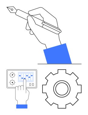 Kalemle el yazısı, paneldeki parmak düzeltme sürgüleri, büyük teçhizat. Yaratıcılık, tasarım, yönetim, mühendislik, yenilik, problem çözme iş akışı soyut metaforu için ideal