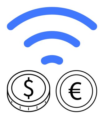 Dolar ve avro üzerindeki mavi kablosuz sinyaller kablosuz ödemeleri ve finansal takası sembolize ediyor. Dijital cüzdanlar, küresel ödemeler, fintech, e-ticaret, bankacılık, sanal para birimi için ideal