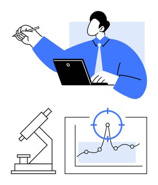 Dizüstü bilgisayar üzerinde çalışan kişi, araştırma için mikroskop, veri noktaları ve hedef odaklı çizelge. Bilim, araştırma, yenilik, veri analizi, iş stratejisi, soyut çizginin takibi için ideal