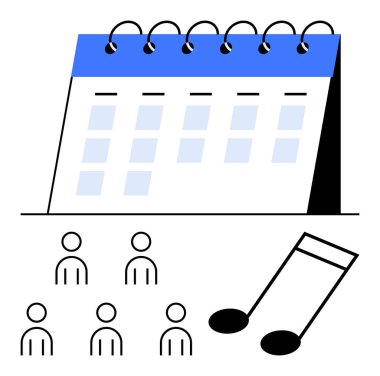 Calendar with spiral binding, five minimalistic human figures, and a music note. Ideal for event planning, scheduling, music festivals, group activities, team events, task management clipart