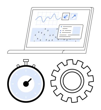 Bir kronometre ve dişli ikonu eşliğinde grafikler ve çizelgeler gösteren bir dizüstü bilgisayar. Üretkenlik, veri analizi, performans ölçümü, verimlilik artışı, zaman yönetimi, süreç için ideal