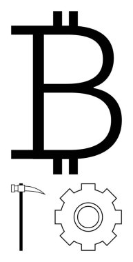 Bitcoin B symbol paired with a pickaxe and gear, symbolizing cryptocurrency mining, blockchain, finance, and digital innovation. Ideal for fintech, decentralized systems, tech, abstract line flat clipart