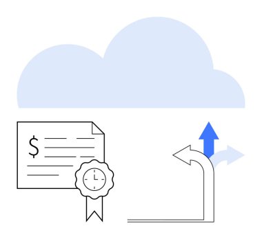 Bulut simgesi, dolar sembolü ve saat rozeti olan finansal belge, büyüme ve yön gösteren iki ok. Finans, üretkenlik, teknoloji, bulut hesaplama, iş büyümesi, strateji için ideal