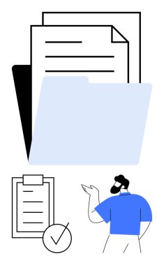 Mavi klasörle istiflenmiş belgeler, işaretli kontrol listesi ve profesyonel bir işaret. Organizasyon, iş akışı, üretkenlik, takım çalışması, planlama, veri soyut çizgisi düz metaforu için ideal