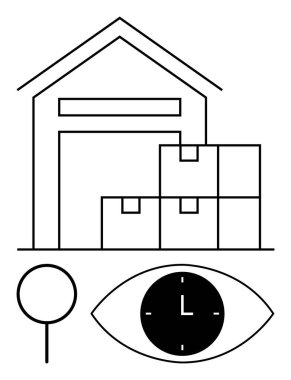 Depoda istiflenmiş kutular, yer işaretleyiciler ve içinde saat bulunan gözler var. Tedarik zinciri, çevrimiçi alışveriş, lojistik, zaman yönetimi, verimlilik, dağıtım soyut çizgisi için ideal