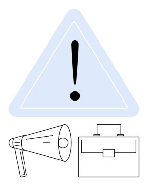 Üçgendeki ünlem işareti megafon ve evrak çantasıyla dikkat, iletişim ve iş yaklaşımının altını çiziyor. Güvenlik için ideal, uyarılar, iş uyarıları, tebligatlar, organizasyon, uyarı