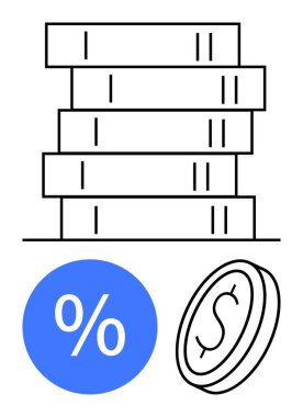 Kitap yığını, yüzde mavi sembol ve madeni para finansal eğitim, yatırım ve para yönetimi temalarını öne sürüyor. Eğitim, finans, okur yazarlık, bankacılık ekonomisi yatırımı için ideal