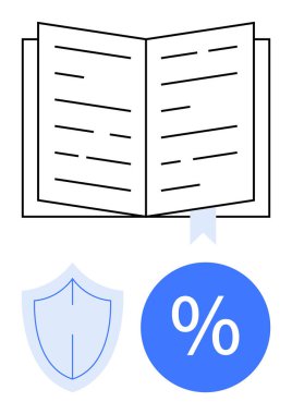 Mavi çizgili, mavi kurdeleli, kalkanlı ve yüzdelik sembollü açık bir kitap. Eğitim, koruma, indirimler ve güvenlik bilgileri için ideal. Soyut çizgi düz metafor