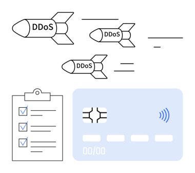 DDoS füzeleri stratejik kontrol listesi olan bir kredi kartını hedef alıyor. Siber güvenlik, finansal güvenlik, risk yönetimi, strateji planlaması, çevrimiçi tehditler, siber suç, soyut çizgi için ideal