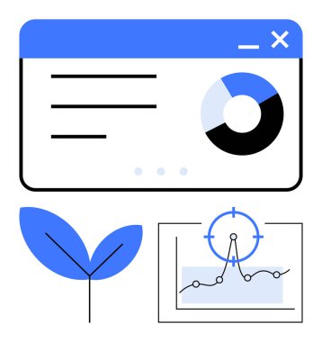 Pasta grafiği olan veri paneli, büyümeyi sembolize eden yeşil yaprak ve hedef simgesi olan bir grafik. Sürdürülebilirlik, eko-ticaret, analitik, finans, büyüme stratejisi, piyasa eğilimleri için ideal