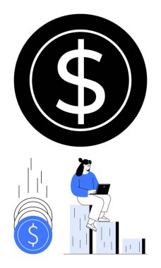 Kadının üstündeki para sembolü, dizüstü bilgisayar kullanırken büyüme çubuğu grafiğinin üzerinde oturuyor. İş, finans, teknoloji, yatırım, başarı, ekonomik büyüme ve girişimcilik konuları için idealdir. Çizgi