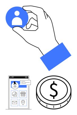 El ele tutuşan kullanıcı simgesi, akıllı telefon uygulama arayüzü ve para. Müşteri ilişkileri, kullanıcı tercihleri, dijital işlemler, e-ticaret, finans, soyut teknoloji hattı için ideal