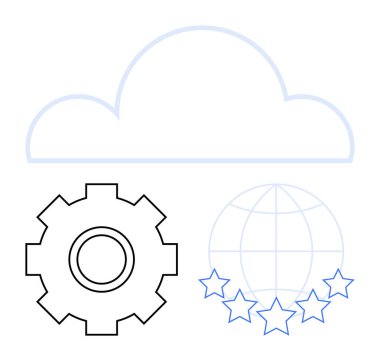 Vites, küre ve yıldızların üzerinde bulut çizgisi. Teknoloji, bulut hizmetleri, veri depolama, küresel erişim, kalite güvencesi yeniliği ve dijital dönüşüm için ideal. Soyut çizgi düz metafor