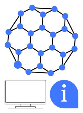 Moleküler yapı diyagramı, birbirine bağlı mavi düğümler ve boş bir bilgisayar monitörünün üzerindeki siyah çizgiler ve mavi konuşma baloncuğunun içindeki i küçük harf. Bilim, araştırma ve eğitim için ideal