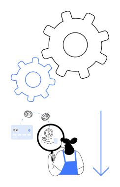 İş kadını, vites ve finansal ikonları incelemek için büyüteç kullanıyor. İş geliştirme, finansal analiz, operasyonel verimlilik, süreç optimizasyonu, maliyet analizi, finansal