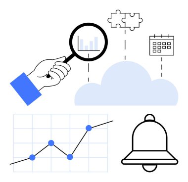 Büyüteç, bulmaca parçaları, takvim ve zille bulut üzerinde grafiği analiz ediyor. Veri yönetimi, analitik, bulut çözümleri, organizasyon, iş akışı planlaması, sorun çözme soyut