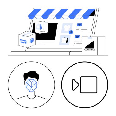 Çevrimiçi mağaza arayüzü, ürün kutuları, insan yüzünde yüz şebekesi, video oyun ikonu ve analitik uygulaması. E-ticaret, yapay zeka, teknoloji, pazarlama güvenlik perakende satışı için ideal düz bir metafor.