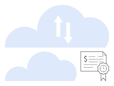 İki yönlü oklu iki bulut bir dolar işareti ve kurdeleli bir sertifika. Bulut hesaplama, dijital işlemler, teknoloji, veri transferi, sertifika, finans için ideal