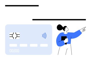 Elinde tablet olan bir kadın, açık mavi bir kredi kartının yanındaki bağlantısız çipi işaret ediyor. Finans, teknoloji, ödeme yöntemleri, ekommerce, dijital güvenlik, modern